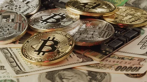 Cryptocurrency scam or crime Bitcoin. Flashing police lights. Banknotes Видео 122330925