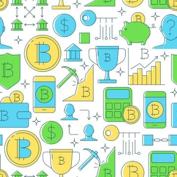 Cryptocurrency seamless pattern in colored line style Illustrazione stock
