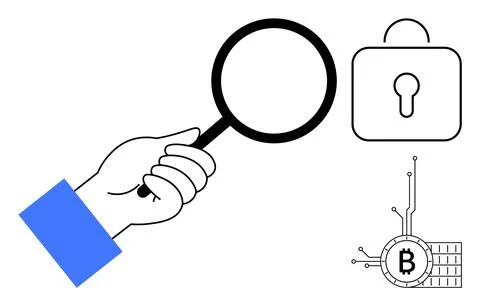 Cryptocurrency Security Concept with Magnifying Glass Lock and Bitcoin Symbol Stock Illustration