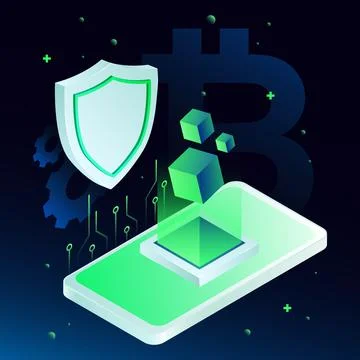 Cryptocurrency Security Illustration. Protection Shield and Isometric Smartphone Stock Illustration