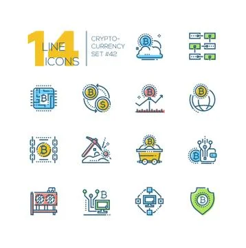 Cryptocurrency - set of line design style icons Stock Illustration