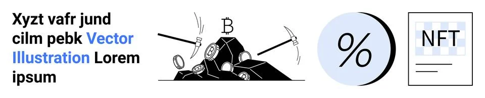 Cryptocurrency Symbols with Bitcoin Mining Elements and NFT Certificate Conce Illustrazione stock