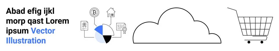 Cryptocurrency symbols, data pie chart, cloud icon, shopping cart, and placeh Stock Illustration