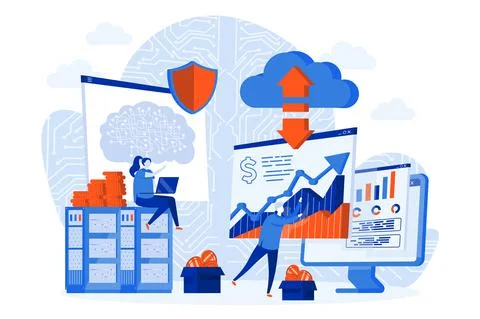 Cryptocurrency technology web concept with people characters. Blockchain tech Stock Illustration