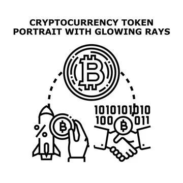 Cryptocurrency token, hands exchanging digital coin, binary code, and a rocke Stock Illustration