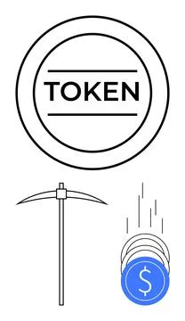 Cryptocurrency token with pickaxe and blue coin stack illustration highligh.. Stock Illustration