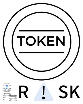 Cryptocurrency token within circle, exclamation mark in triangle, stack of Bi Stock Illustration