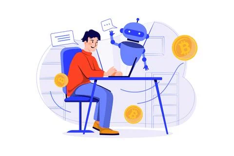 Cryptocurrency Trading Bot flat illustration concept on white background Stock Illustration