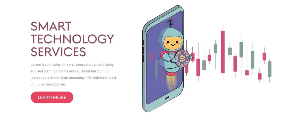 Cryptocurrency trading bot. virtual assistant robot website or mobile applica Stock Illustration