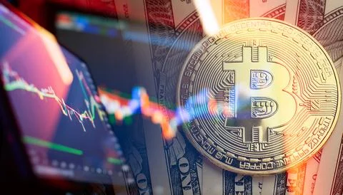 Cryptocurrency trading interface using Bitcoin, dollar bills and financial .. Stock Photos