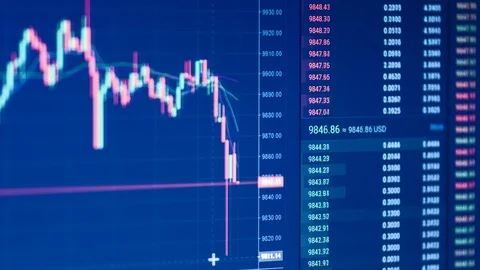 Cryptocurrency trading  live graph and charts. Bitcoin falling price Stock Footage