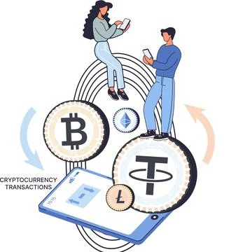 Cryptocurrency transactions concept. People work with smartphone app for trading Stock Illustration