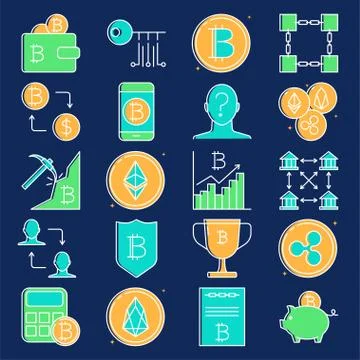 Cryptocurrency transactions icon set in line style Illustrazione stock