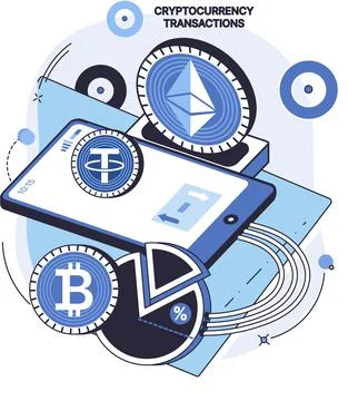Cryptocurrency transactions, mining, exchange. Program for work with digital Stock Illustration