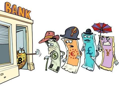 Cryptocurrency versus cash. Bitcoin does not let the dollar, yen, pound and euro Stock Illustration
