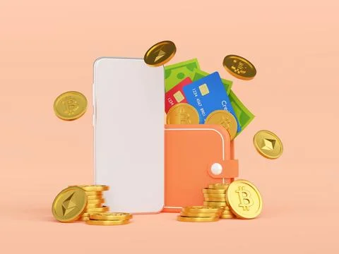 Cryptocurrency wallet application on smartphone, 3d illustration Stock Illustration