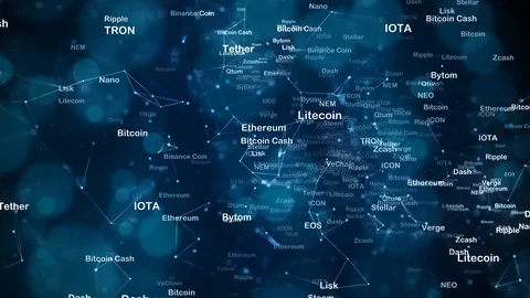 Cryptocurrency word cloud on technology background Stock Footage 125445621