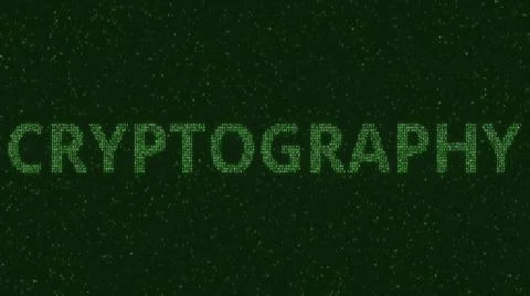 CRYPTOGRAPHY text consisting of many symbols on computer monitor. 3d rendering Ilustração Stock