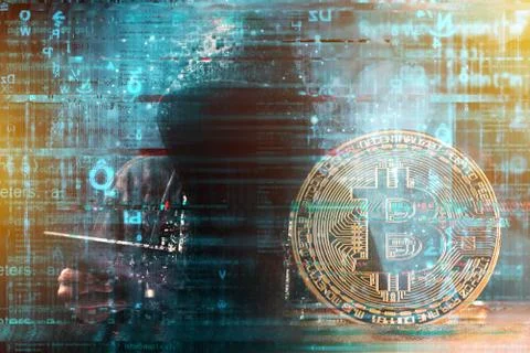 Cryptojacking concept, Computer hacker and Bitcoin cryptocurrenc Stock Photos