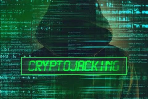 Cryptojacking concept, computer hacker with hoodie Stock Photos