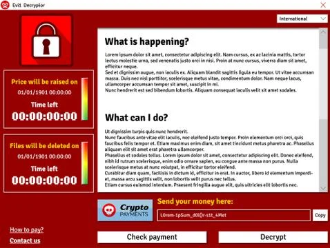 Cryptolocker virus interface window showing infected data deleting timer Stock Illustration
