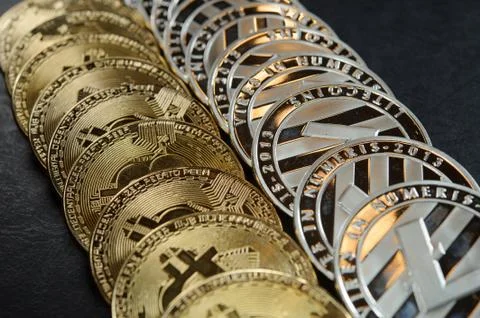 Crypvtocurrency concept of two rows of silver and golden coins Stock Photos