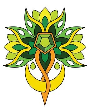 Crystal and crescent moon surrounded by flowers and leaves, gemstone Illustrazione stock