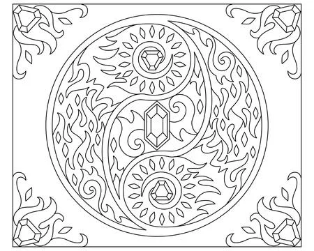 Crystal and Fire Elements Pattern Coloring Page - Vector Line Art Picture Stock Illustration