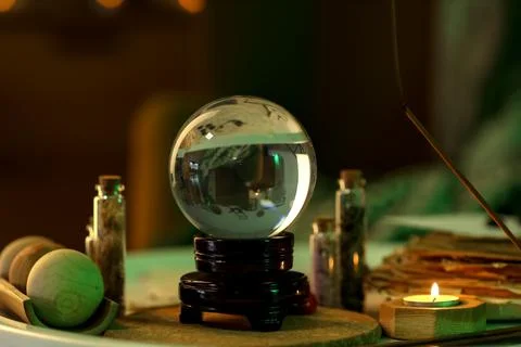 Crystal ball and magic attributes on table Stock Photos