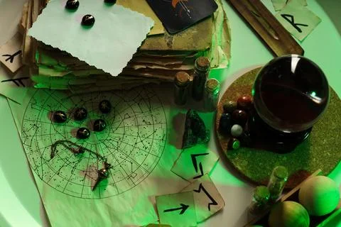 Crystal ball and magic attributes on table, top view Stock Photos