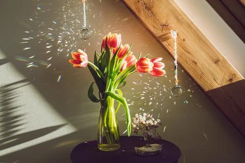 Crystal ball shape rainbow makers suncatchers hanging in home living room. Stock Photos