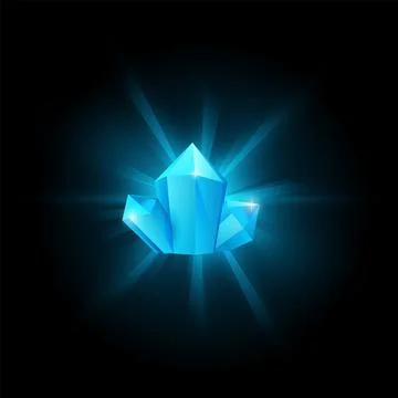 Crystal blue shining game gem, vector illustration isolated on black. Stock Illustration