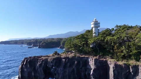 Crystal Clear Blue Ocean and Rocky Cape Aerial Top Down Stock Footage 329061272