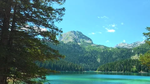 Crystal-clear lake glows turquoise under bright blue sky. Black Lake, Montenegro Vidéo 342967958