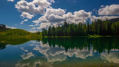 Crystal Clear Mountain Lake Reflection of Overhead Clouds Time Lapse, Timelap Stock Footage 128938416