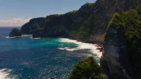 Crystal Clear Ocean Waves Hitting Nusa Penida Cliffs – Drone Shot Stock Footage 317206747