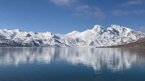 Crystal Clear Reflection of Snow Mountains on Puma Yumco Lake Timelapse Stock Footage 333486931