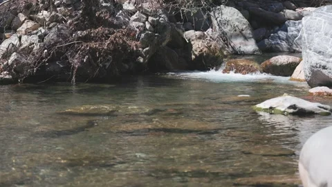 Crystal clear river water flowing over rocks in mountain stream Stock Footage 329021534