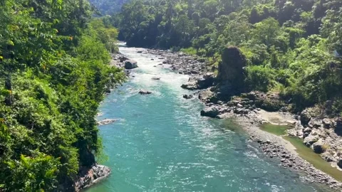 Crystal Clear Turquoise River Flowing Through Lush Forest Valley Stock Footage 329174769