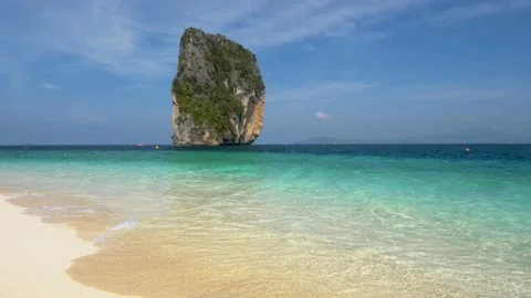 Crystal clear turquoise water on empty beach with white sand of tropical Island Stock Footage 223550939