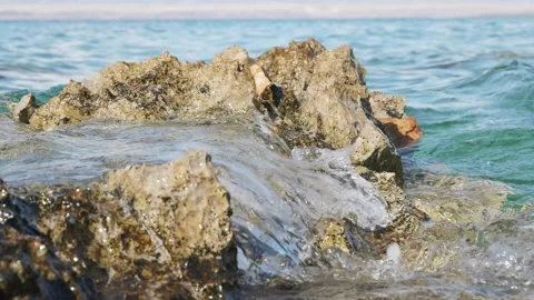 Crystal clear water gently flowing over rocky coastal shore landscape Stock Footage 337409259