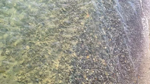 Crystal Clear Water Gently Washing Over Pebble Beach Shoreline in Sunlight Video stock 340364356