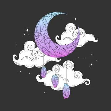 Crystal crescent moon in dark sky with swirl clouds. Crescent moon Stock Illustration