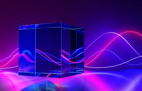 Crystal cube with neon wave light lines on abstract background, refraction Stock Illustration