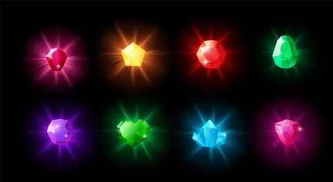 Crystal game gemstones, vector illustrations isolated on black background. Stock Illustration