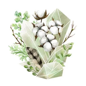 Crystal gems with botanical elements, full color decorative art Stock Illustration