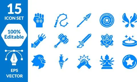 Crystal Gems Vector Icon Bundle: Fantasy Weapons and Symbolic Magic Element.. Stock Illustration