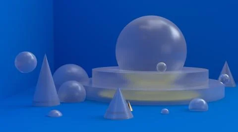 Crystal geometric shape blue scene minimal style 3d rendering. Stock Illustration