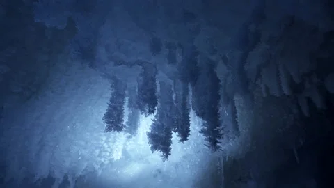 Crystal icicles, sharp ice stalactites, frozen grotto blue ice and snowflakes Vídeo Stock 179289445