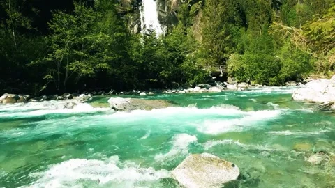 Crystal mountain stream flowing through a green forest canyon with waterfall Vídeo Stock 347056082